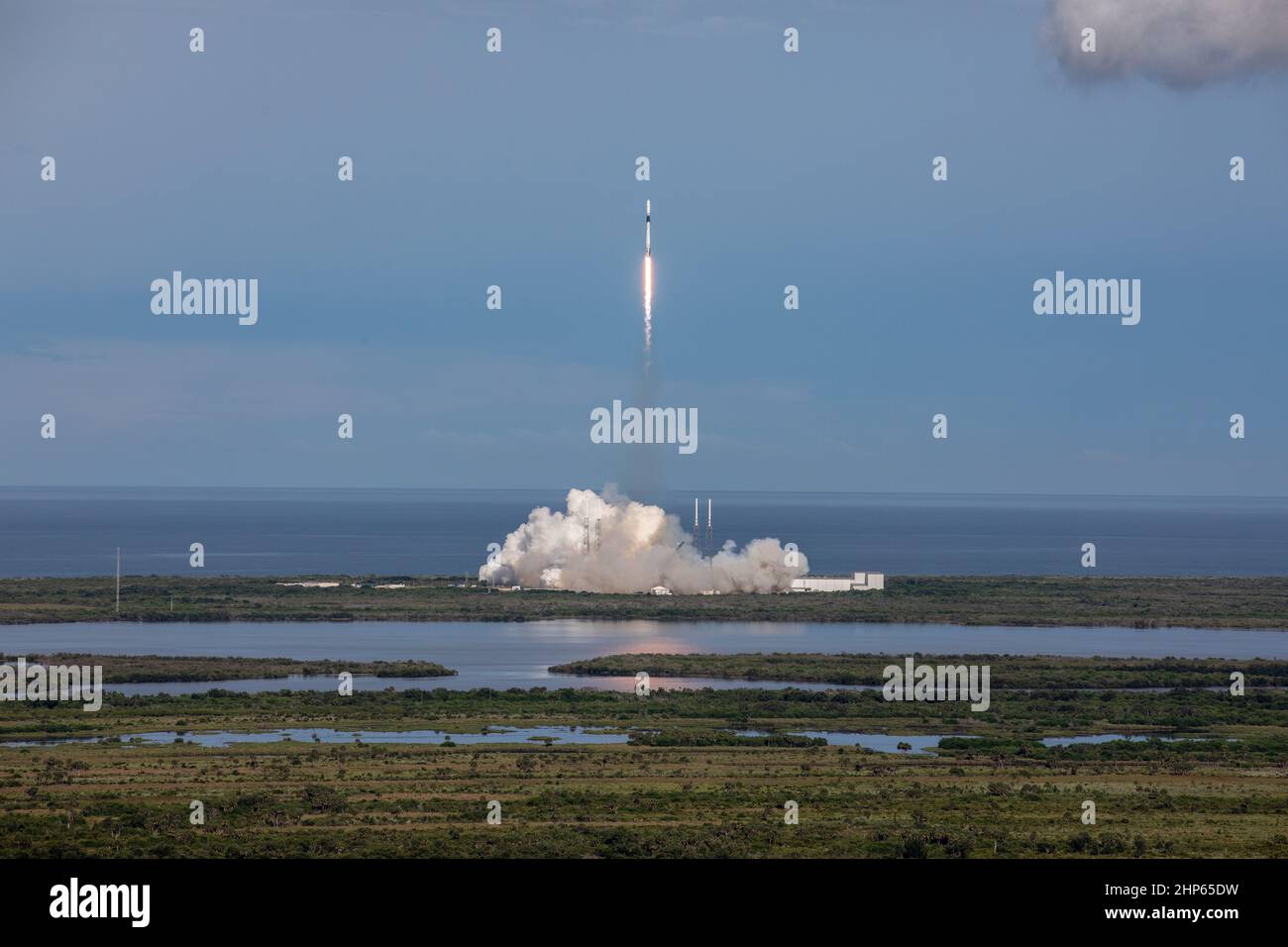 A SpaceX Falcon 9 rocket lifts off from Space Launch Complex 40 at Cape Canaveral Air Force Station at 6:01 p.m. EDT on July 25, 2019, carrying the Dragon spacecraft on the company’s 18th Commercial Resupply Services (CRS-18) mission to the International Space Station. Stock Photo