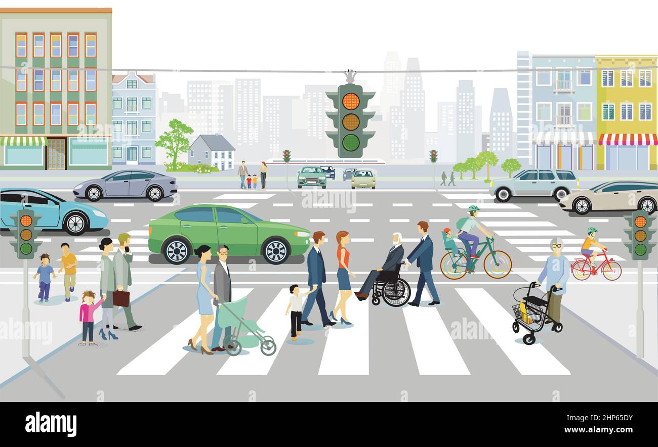 City silhouette with road traffic and pedestrians on the zebra crossing