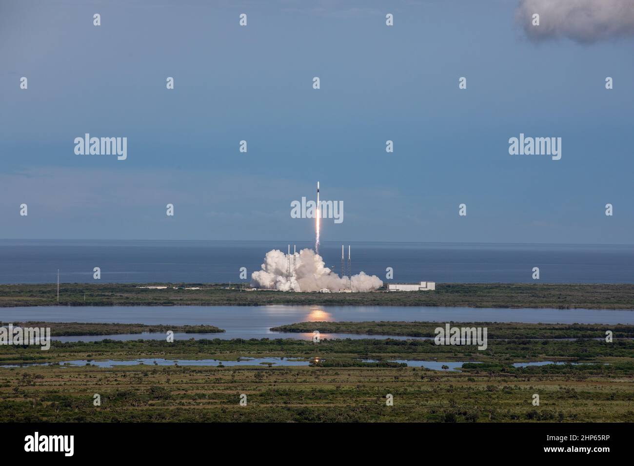 A SpaceX Falcon 9 rocket lifts off from Space Launch Complex 40 at Cape Canaveral Air Force Station at 6:01 p.m. EDT on July 25, 2019, carrying the Dragon spacecraft on the company’s 18th Commercial Resupply Services (CRS-18) mission to the International Space Station. Stock Photo