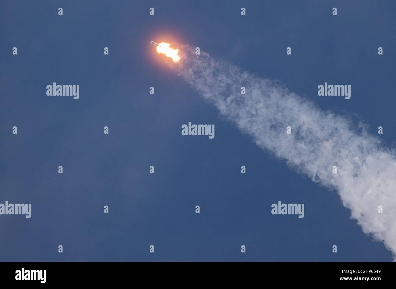 A SpaceX Falcon 9 rocket soars into the sky after lifting off from Launch Complex 39A at Kennedy Space Center in Florida at 11:17 a.m. EST on Dec. 6, 2020. Stock Photo