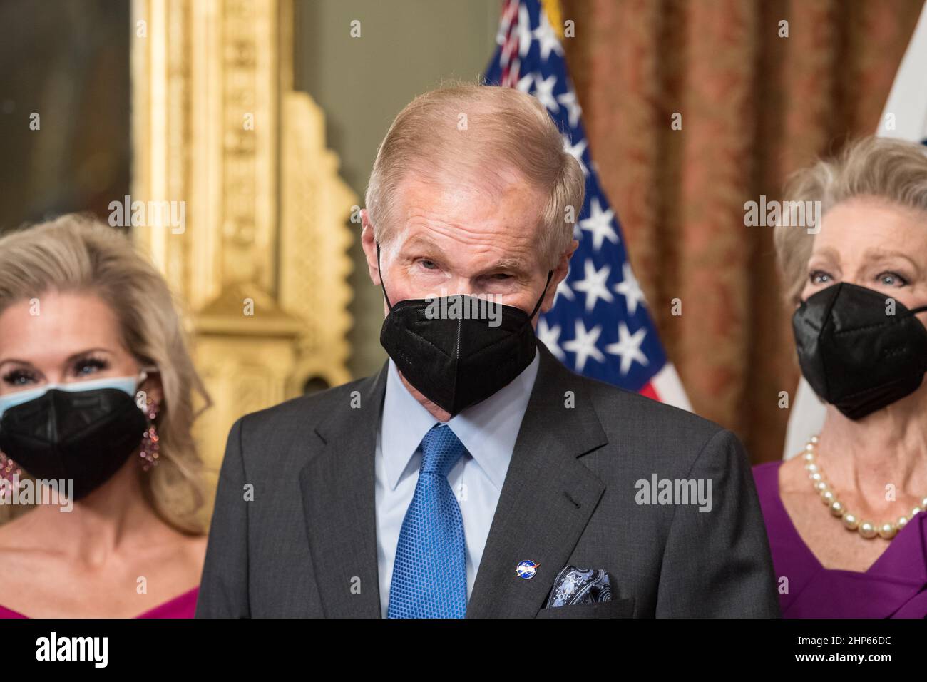 Former Senator Bill Nelson, speaks to media after he was ceremonially sworn-in as the 14th NASA Administrator by Vice President Kamala Harris, as his wife, Grace Nelson, right, held their family Bible, Monday, May 3, 2021, at the Ceremonial Office in the Old Executive Office Building in Washington. Stock Photo