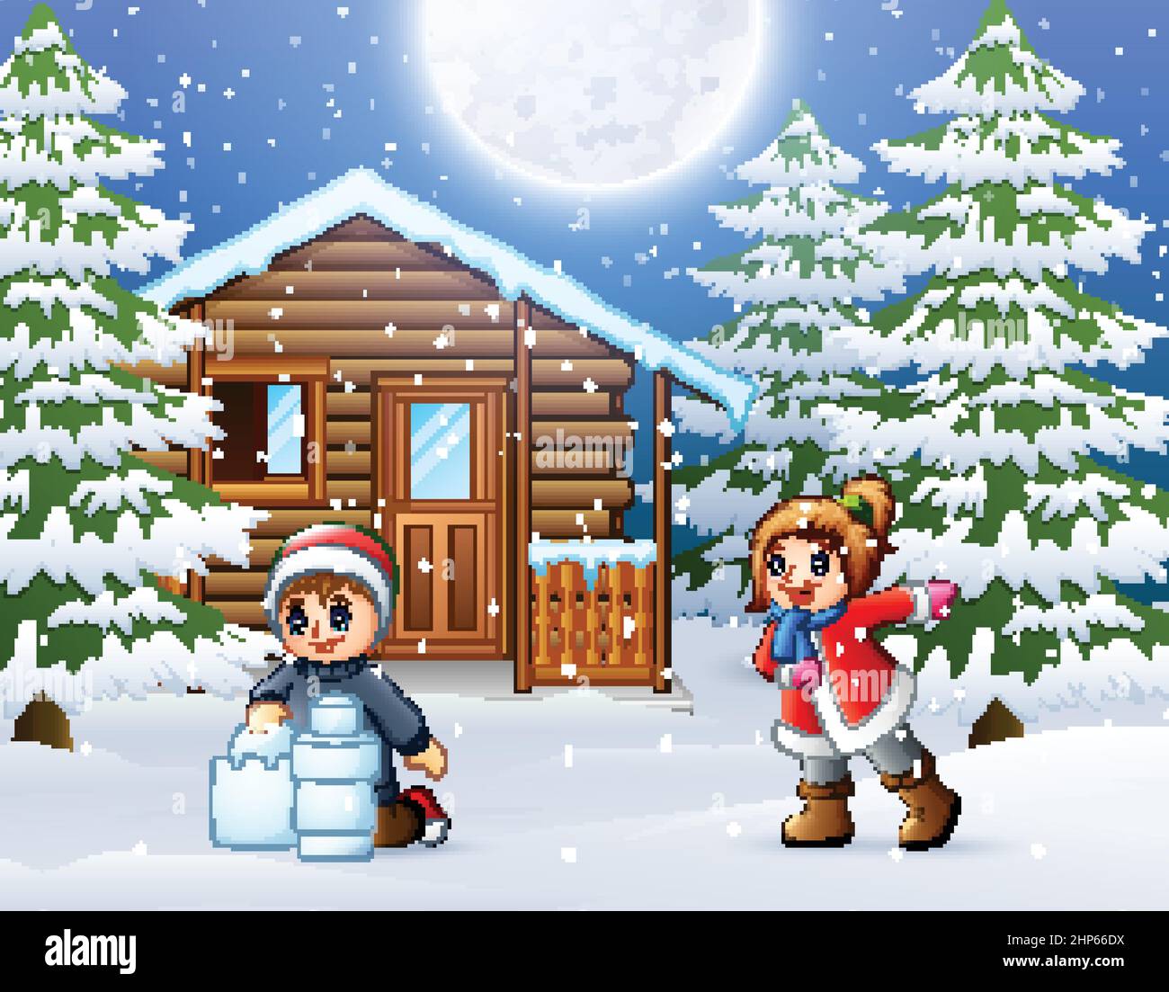 Happy kids to wear winter clothes and play in front of a snowy wooden