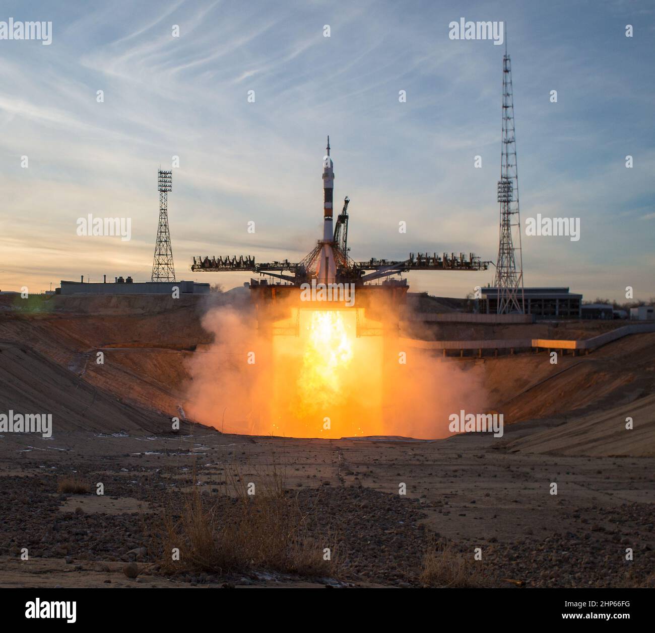 A Soyuz booster rocket launches the Soyuz MS-11 spacecraft from the Baikonur Cosmodrome in Kazakhstan on Monday, Dec. 3, 2018, Baikonur time, carrying Expedition 58 Soyuz Commander Oleg Kononenko of Roscosmos, Flight Engineer Anne McClain of NASA, and Flight Engineer David Saint-Jacques of the Canadian Space Agency (CSA) into orbit to begin their six and a half month mission on the International Space Station Stock Photo