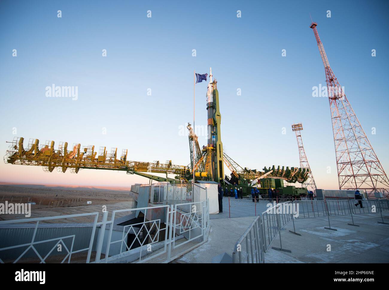 The Soyuz TMA-15M spacecraft is seen after being raised into a vertical position on the launch pad on Friday, Nov. 21, 2014 at the Baikonur Cosmodrome in Kazakhstan. Stock Photo