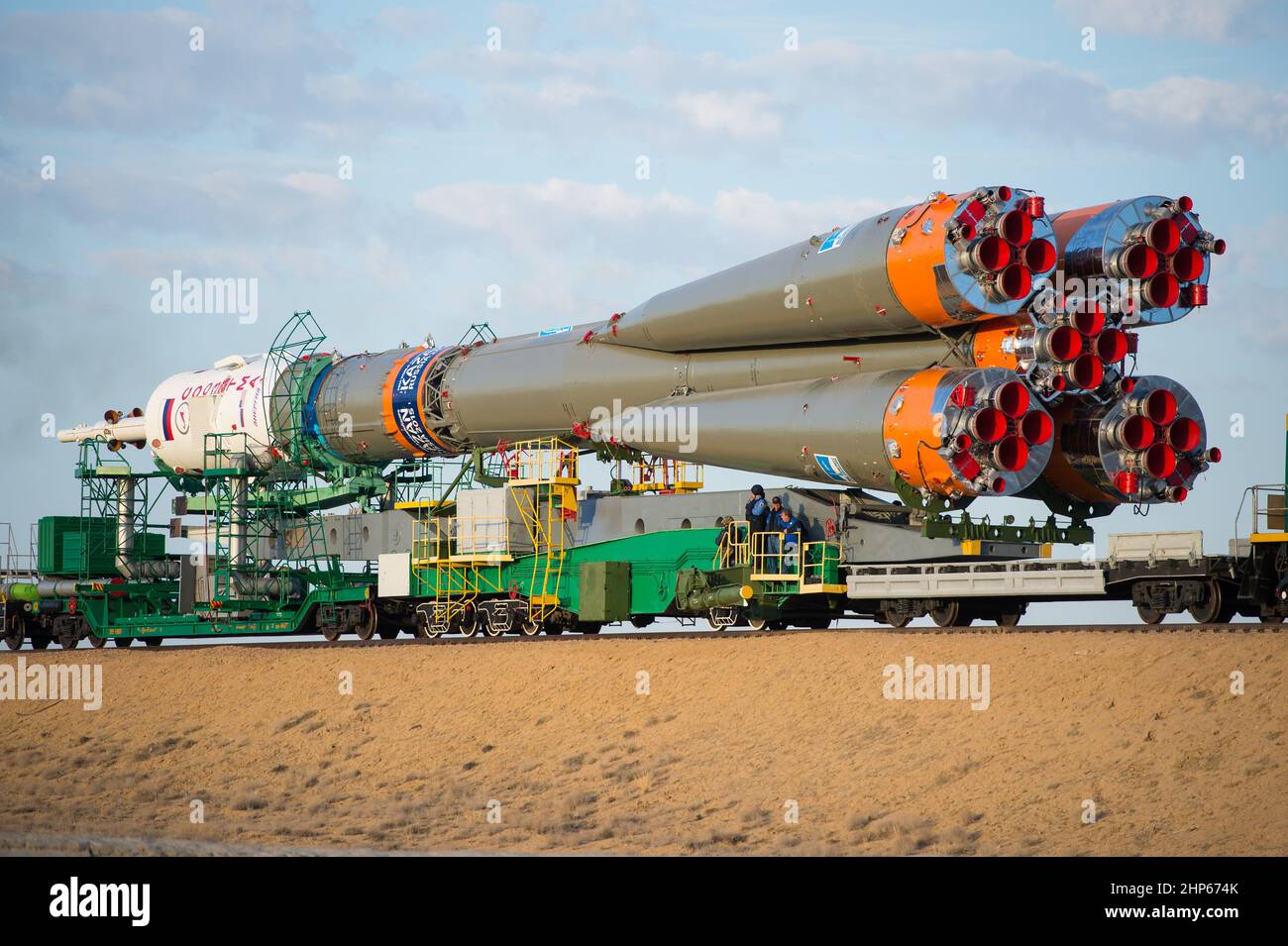 The Soyuz TMA-14M spacecraft is rolled out to the launch pad by train on Tuesday, Sept. 23, 2014 at the Baikonur Cosmodrome in Kazakhstan. Stock Photo