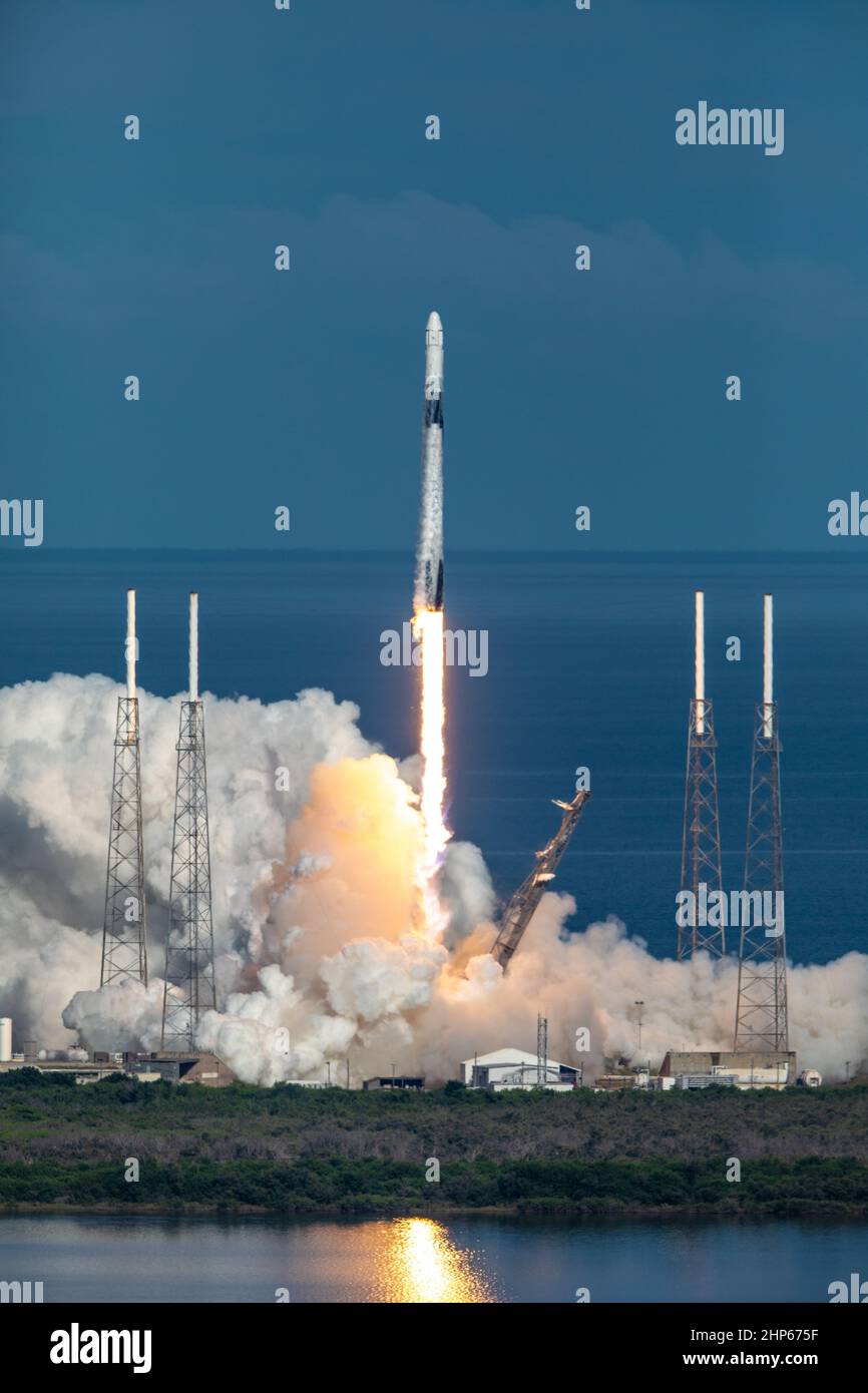 A SpaceX Falcon 9 rocket lifts off from Space Launch Complex 40 at Cape Canaveral Air Force Station at 6:01 p.m. EDT on July 25, 2019, carrying the Dragon spacecraft on the company’s 18th Commercial Resupply Services (CRS-18) mission to the International Space Station. Stock Photo