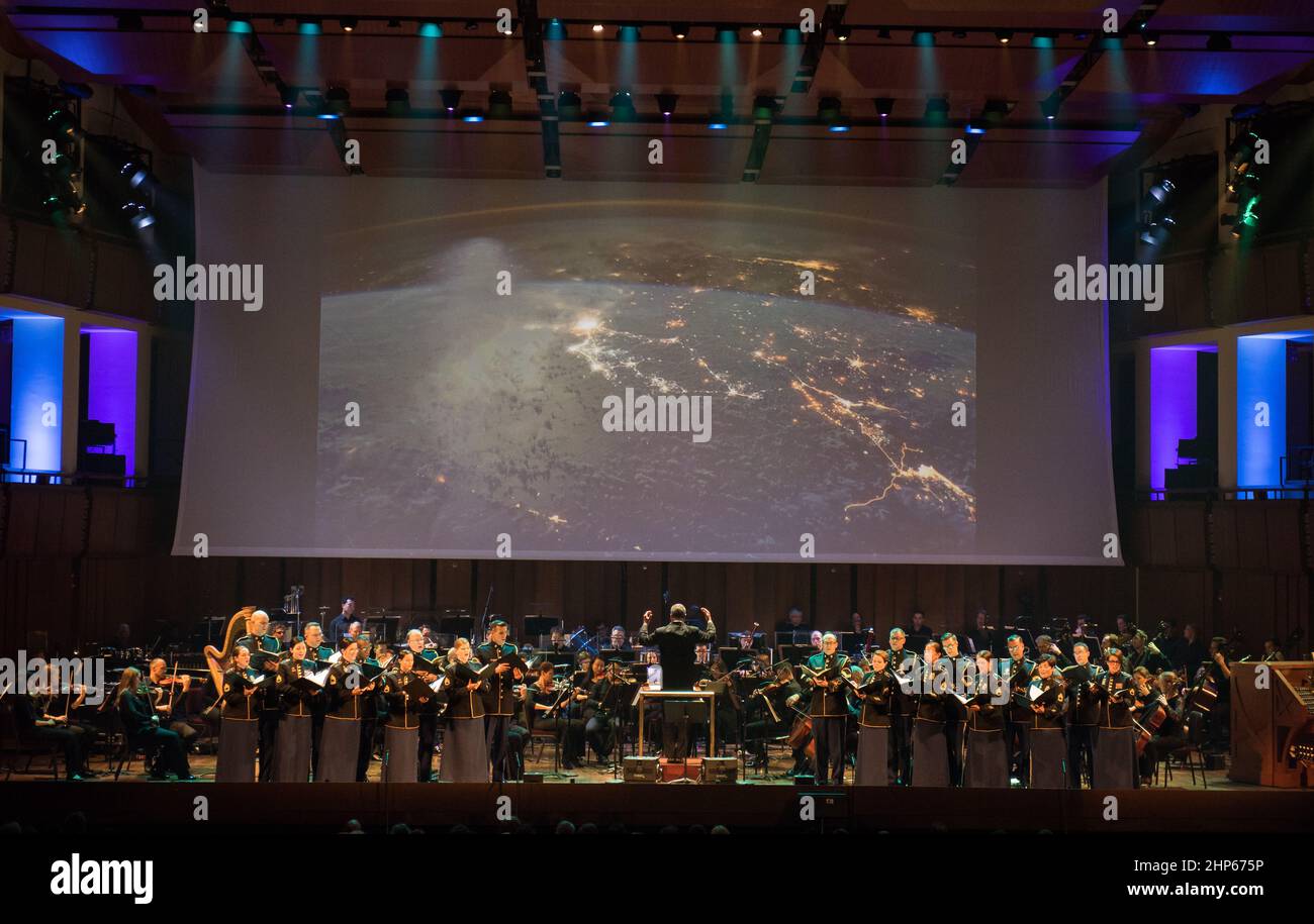 Conductor Emil de Cou leads the National Symphony Orchestra during the 'Space, the Next Frontier' event celebrating NASA's 60th Anniversary, Friday, June 1, 2018 at the John F. Kennedy Center for the Performing Arts in Washington. The event featured music inspired by space including artists will.i.am, Grace Potter, Coheed & Cambria, John Cho, and guest Nick Sagan, son of Carl Sagan. Stock Photo