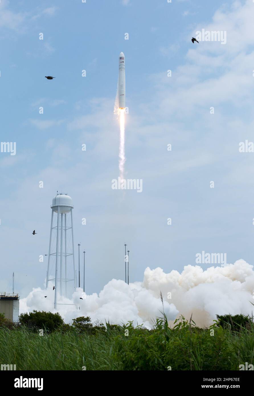 The Orbital Sciences Corporation Antares rocket launches from Pad-0A with the Cygnus spacecraft onboard, Sunday, July 13, 2014, at NASA's Wallops Flight Facility in Virginia. Stock Photo
