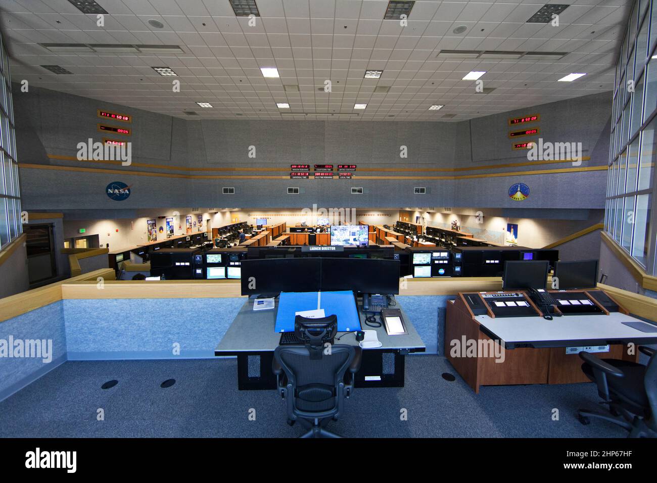 A view of Firing Room 1 in the Launch Control Center (LCC) at NASA's Kennedy Space Center in Florida. The Apollo and shuttle-era firing rooms in the LCC have been upgraded. The upper deck includes a work station in development for the EM-1 launch director. Exploration Ground Systems upgraded Firing Room 1 to support the launch of NASA's Space Launch System rocket and Orion spacecraft on Exploration Mission-1 and deep space missions. Stock Photo