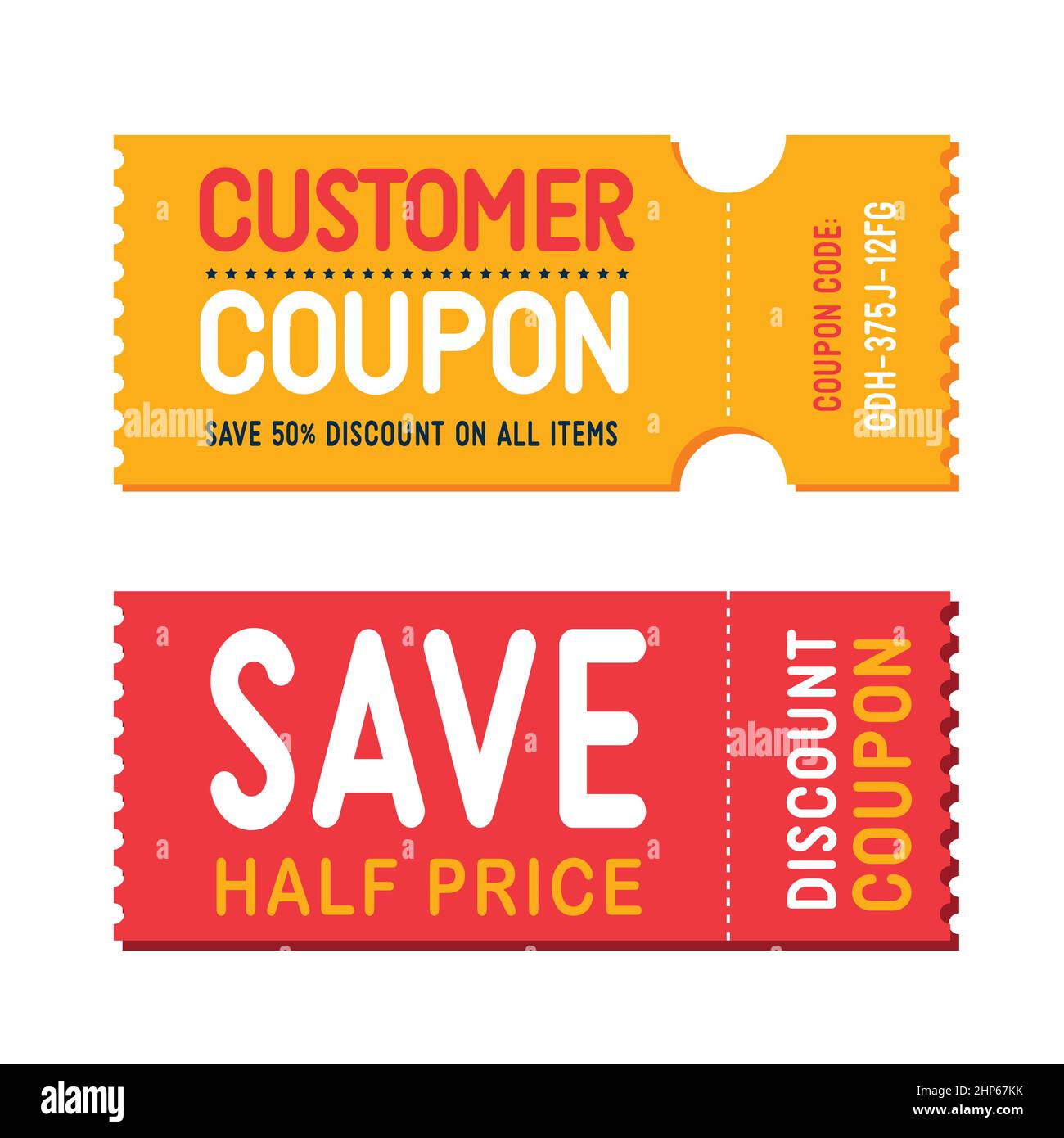 Discount coupon. Half price offer, promo code gift voucher and coupons template. Stock Vector