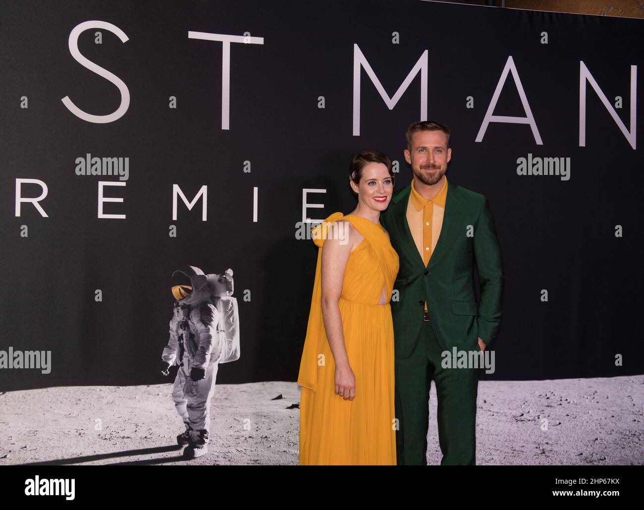 American actress Claire Foy, left, and American actor Ryan Gosling, right, arrive on the red carpet for the premiere of the film 'First Man' at the Smithsonian National Air and Space Museum Thursday, Oct. 4, 2018 in Washington. Stock Photo