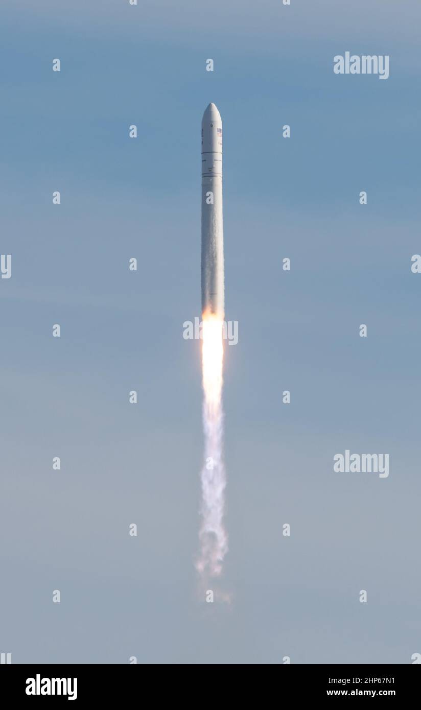 The Northrop Grumman Antares rocket, with Cygnus resupply spacecraft onboard, launches from Pad-0A, Saturday, Feb. 15, 2020 at NASA's Wallops Flight Facility in Virginia. Stock Photo