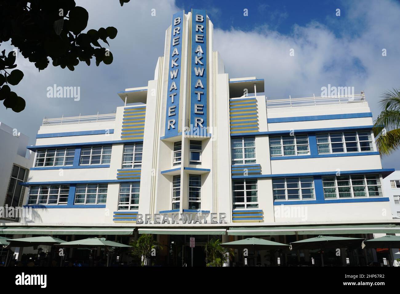 South Beach, Miami, Florida - February 18, 2022 - The white and blue building of Breakwater Hotel on Ocean Drive Stock Photo