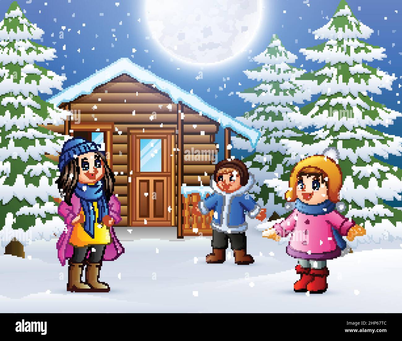 Happy kids to wear winter clothes and play in front of a snowy wooden