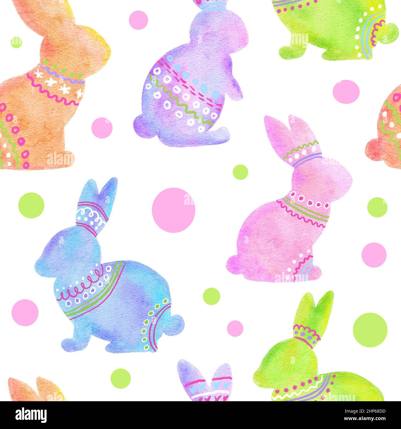 Watercolor seamless hand drawn pattern with pastel Easter bunnies rabbits. Bright colorful background with animal print for religious celebration spring decor, pink blue green colors grass polka dot elements Stock Photo