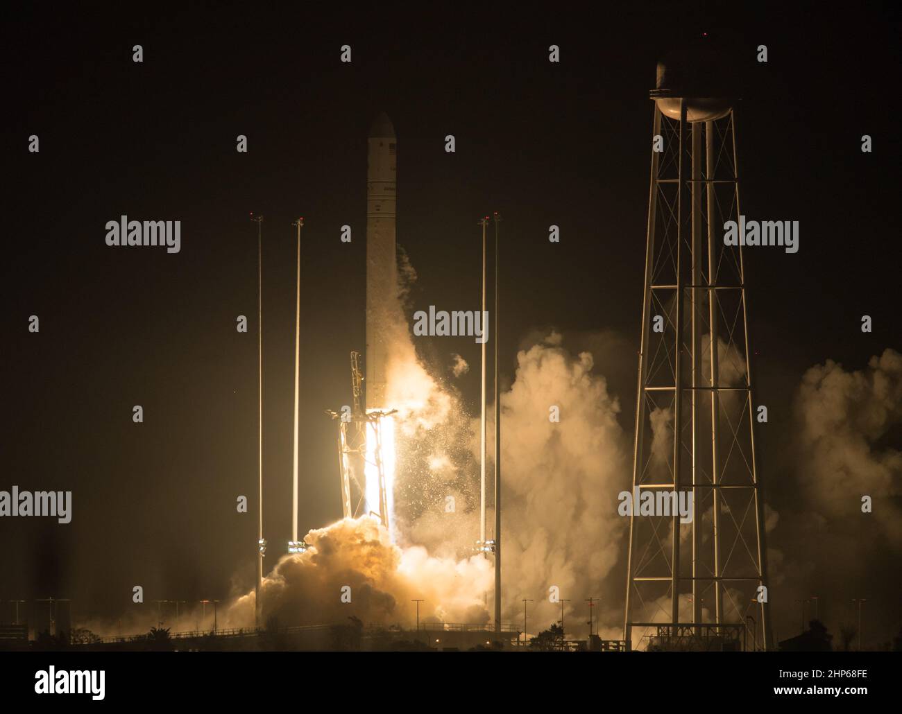 The Orbital ATK Antares rocket, with the Cygnus spacecraft onboard, launches from Pad-0A, Monday, May 21, 2018 at NASA's Wallops Flight Facility in Virginia. Stock Photo
