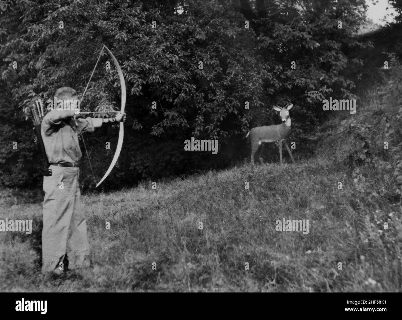 A man practices his bow and arrow skills on a fake deer, ca 1950. Stock Photo