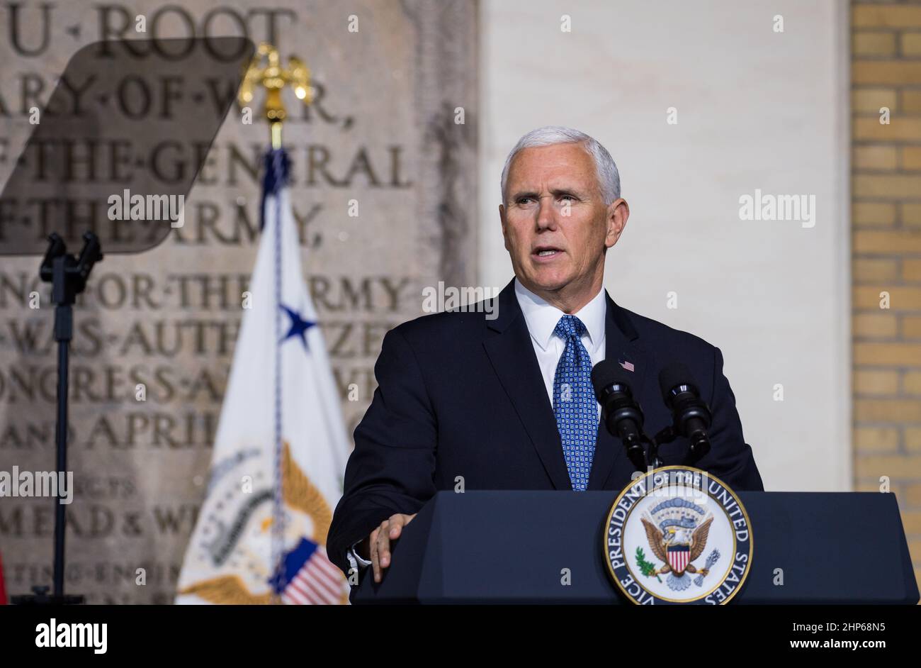 Vice President Mike Pence delivers opening remarks during the National Space Council meeting titled, 'Moon, Mars, and Worlds Beyond, Winning the Next Frontier,' Tuesday, Oct. 23, 2018 at the National War College at Fort Lesley J. McNair in Washington. Stock Photo