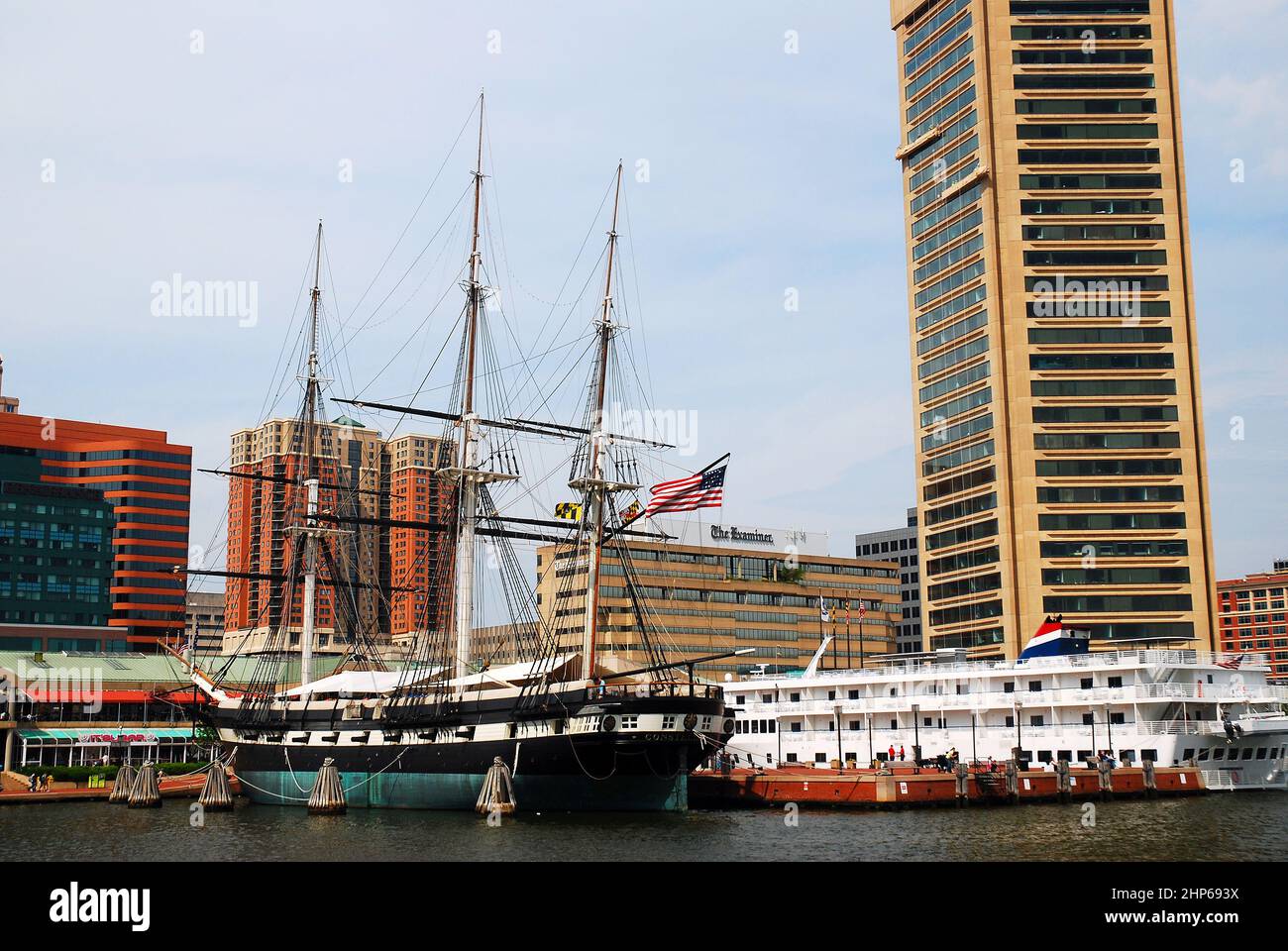The schooner USS Constellation sits in the center of Inner Harbor, Baltimore, Maryland Stock Photo