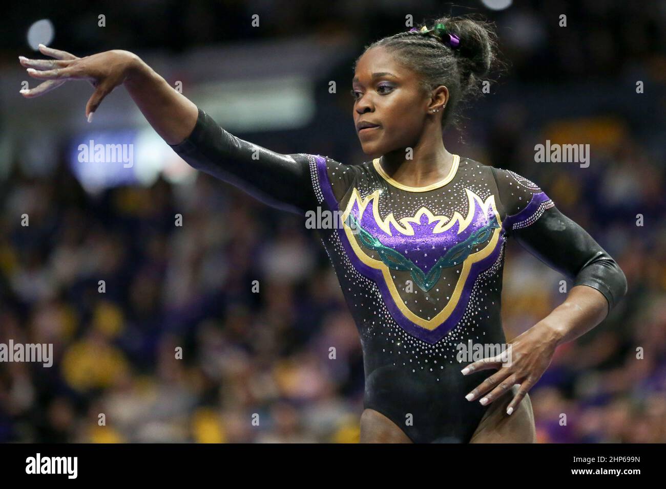 February 18, 2022: LSU's Kiya Johnson performs on the balance beam earning a perfect score of a 10.00 during NCAA Gymnastics action between the Alabama Crimson Tide and the LSU Tigers at the Pete Maravich Assembly Center in Baton Rouge, LA. Jonathan Mailhes/CSM Stock Photo