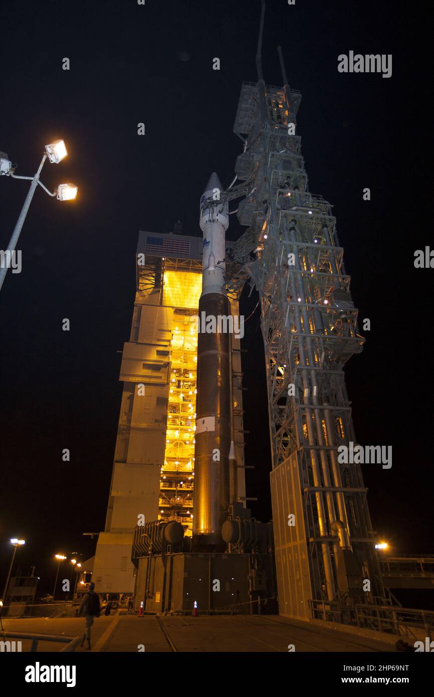 At Vandenberg Air Force Base, Calif., the gantry at Space Launch Complex 3E rolls back from NASA's Landsat Data Continuity Mission, or LDCM, satellite mounted atop a United Launch Alliance Atlas V rocket ca. 2013 Stock Photo