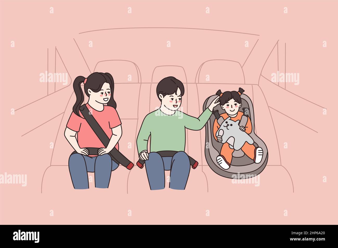 Happy three kids in car using safety measures Stock Vector