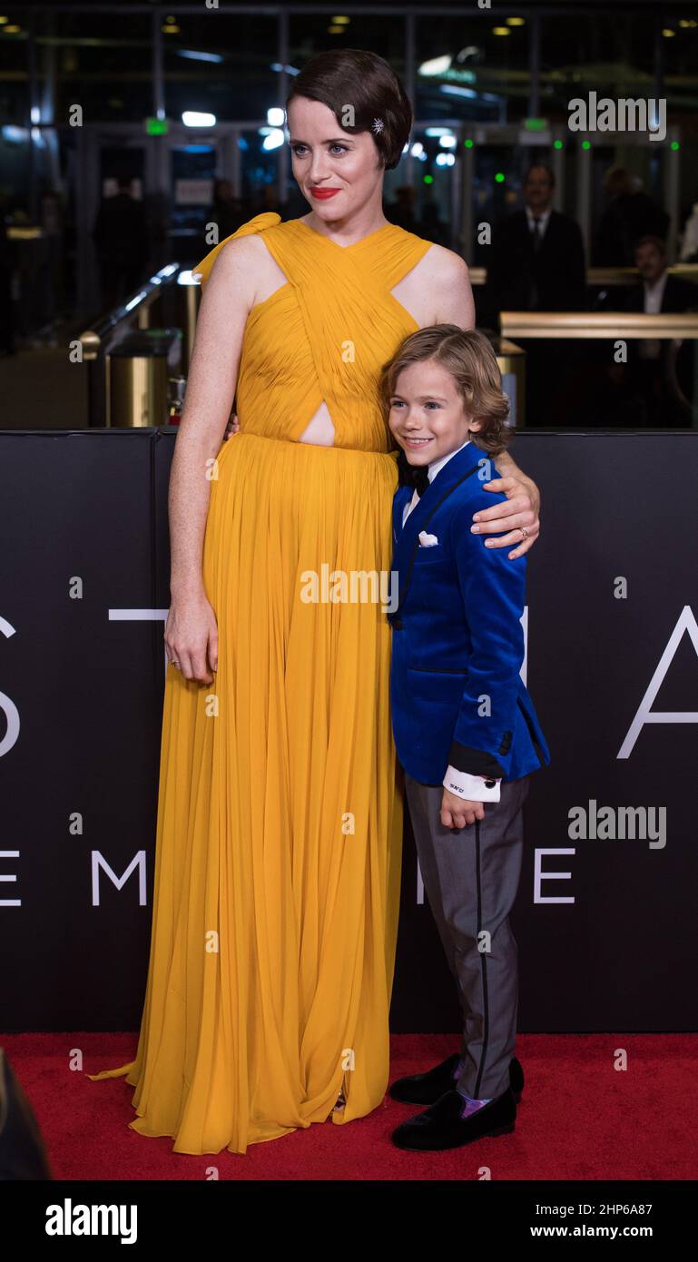 American actress Clair Foy, left, and actor Gavin Warren arrive on the red carpet for the premiere of the film 'First Man' at the Smithsonian National Air and Space Museum Thursday, Oct. 4, 2018 in Washington. Stock Photo