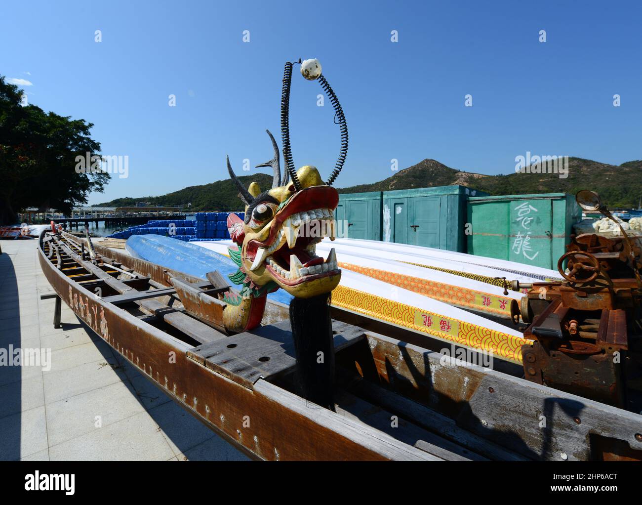 A traditional Chinese Dragon boat in Sok Kwu Wan, Lamma Island, Hong Kong. Stock Photo