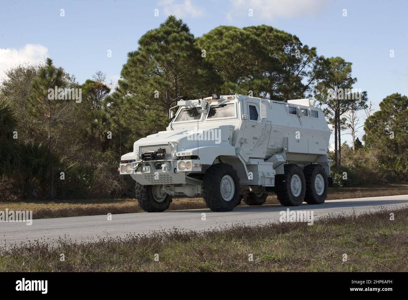 One of four new emergency egress vehicles, called Mine-Resistant Ambush-Protection, or MRAP, vehicles is driven to the Maintenance and Operations Facility at Kennedy Space Center in Florida ca. 2014 Stock Photo