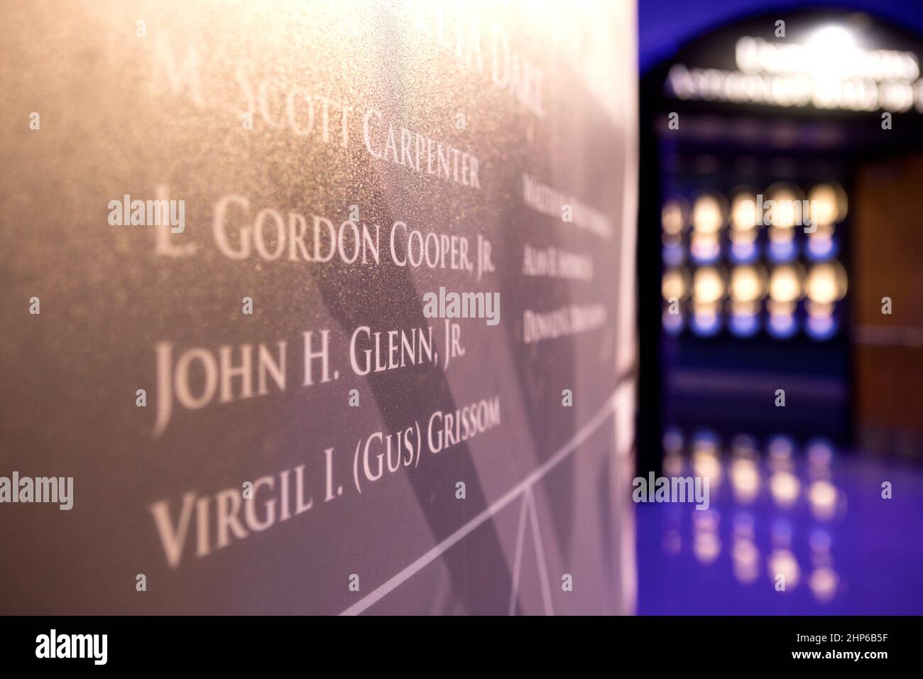 Wreath laying ceremony in honor of John H Glenn Jr. at the Hereos and Legends Exhibit located at the Kennedy Space Center Visitor Complex (KSCVC) ca. 2016 Stock Photo