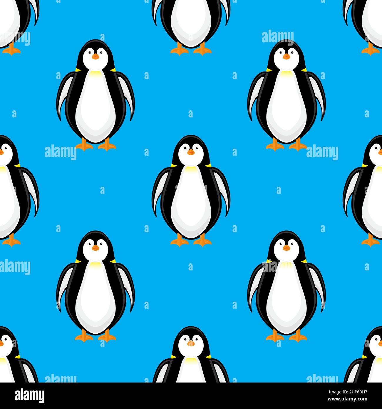 Cute Penguin Icon Isolated on Blue Background. Seamless Pattern. Stock Vector