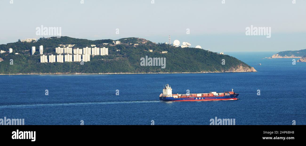 Container ships on their way to/from Hong Kong near Stanley. Stock Photo