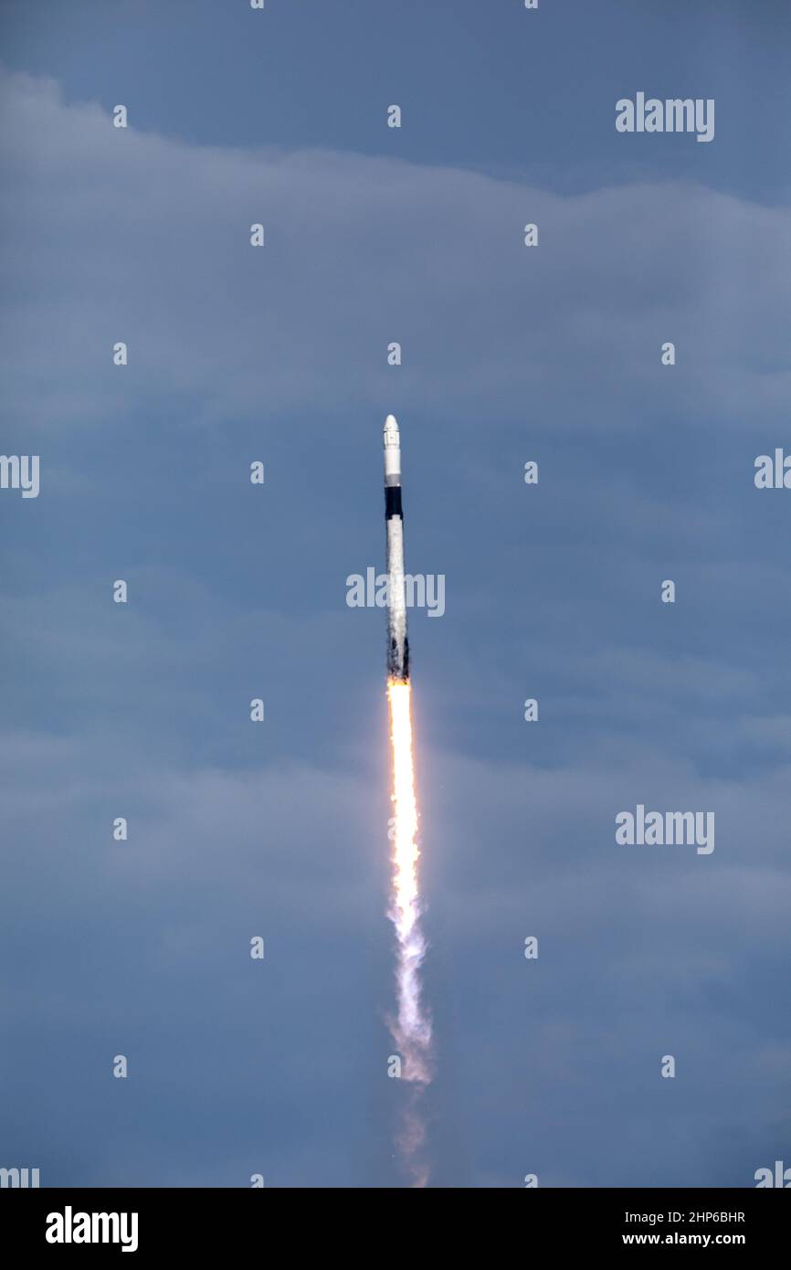 A SpaceX Falcon 9 rocket soars upward after its liftoff from Space Launch Complex 40 at Cape Canaveral Air Force Station at 6:01 p.m. EDT on July 25, 2019, carrying the Dragon spacecraft on the company’s 18th Commercial Resupply Services (CRS-18) mission to the International Space Station. Stock Photo