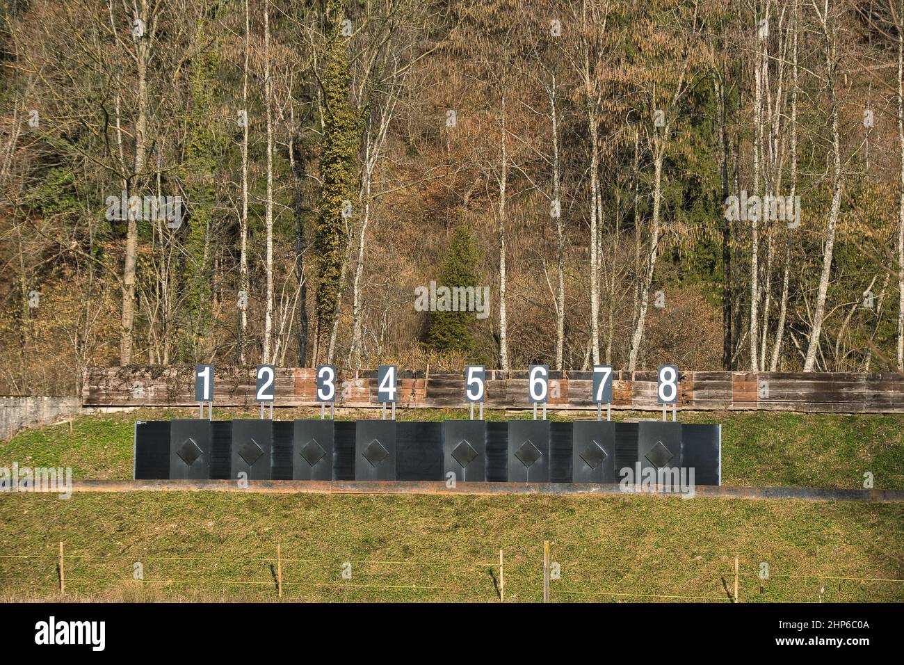 Plates of numbers in the forest in Malters, Switzerland Stock Photo