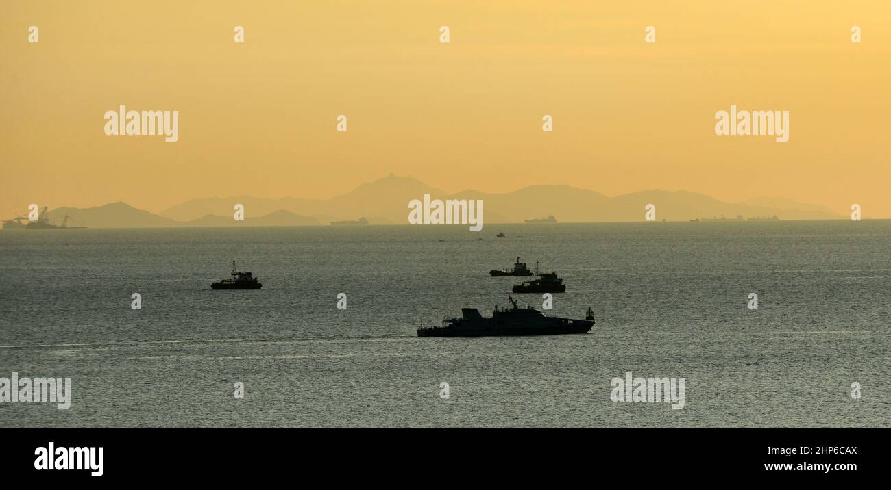 View of faraway islands south of Lantau island belinging to Hong Kong and China. Stock Photo