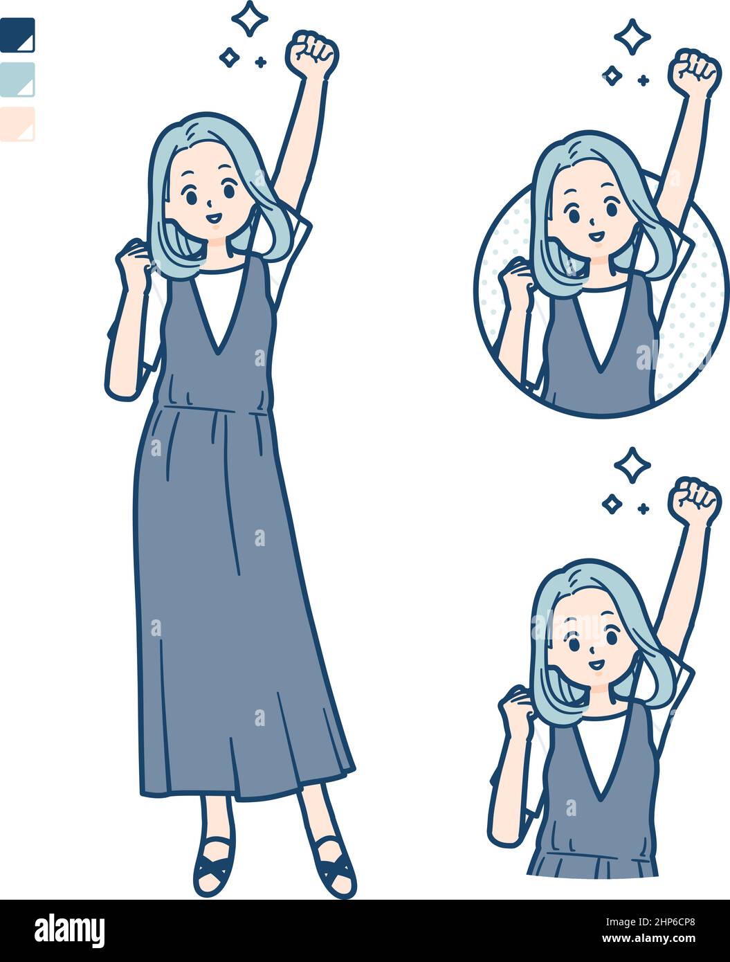 A young woman in a sleeveless dress with fist pump images.It's vector art so it's easy to edit. Stock Vector