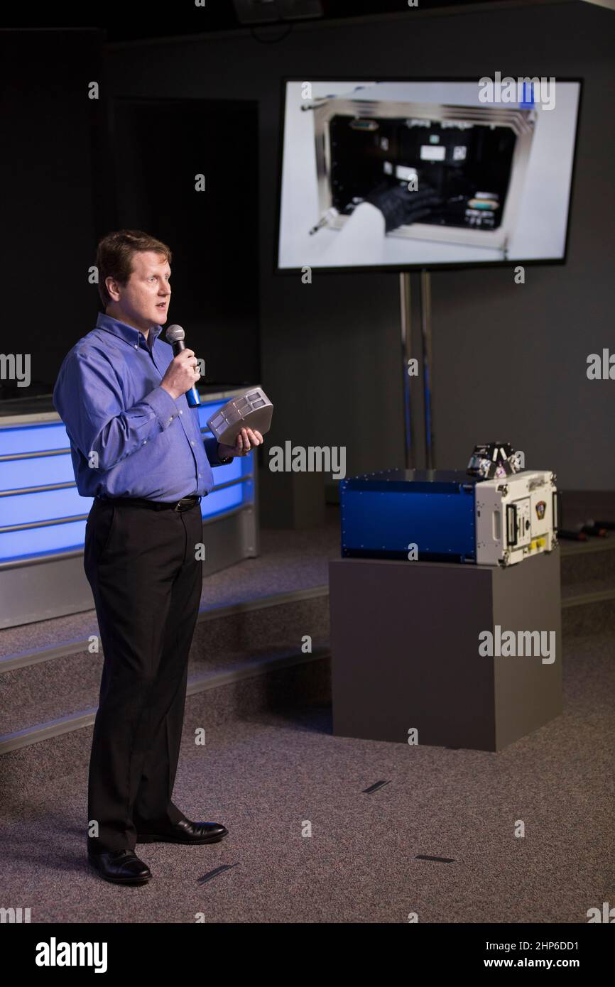 Rich Boling, vice president for corporate advancement at Techshot Inc., discusses the Multi-purpose Variable-g Platform, developed, owned and operated by Techshot. The new test bed will be able to host six separate experiment modules with samples such as plants, cells, protein crystals and fruit flies. Stock Photo