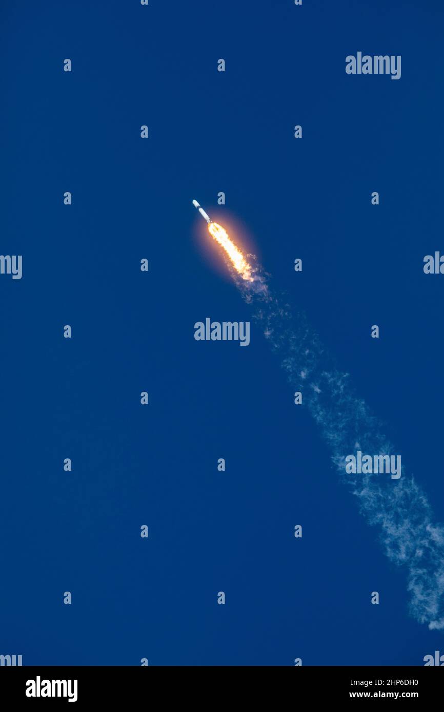A SpaceX Falcon 9 rocket soars upward after its liftoff from Space Launch Complex 40 at Cape Canaveral Air Force Station at 6:01 p.m. EDT on July 25, 2019, carrying the Dragon spacecraft on the company’s 18th Commercial Resupply Services (CRS-18) mission to the International Space Station. Stock Photo
