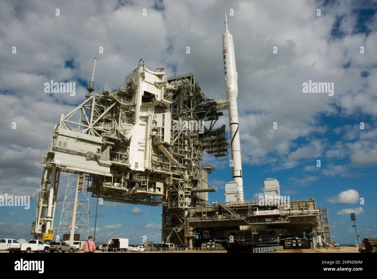 The towering 327-foot-tall Ares I-X rocket, newly arrived on Launch Pad 39B at NASA's Kennedy Space Center in Florida, confidently greats the day following its seven-hour early-morning trek ca. 2009 Stock Photo
