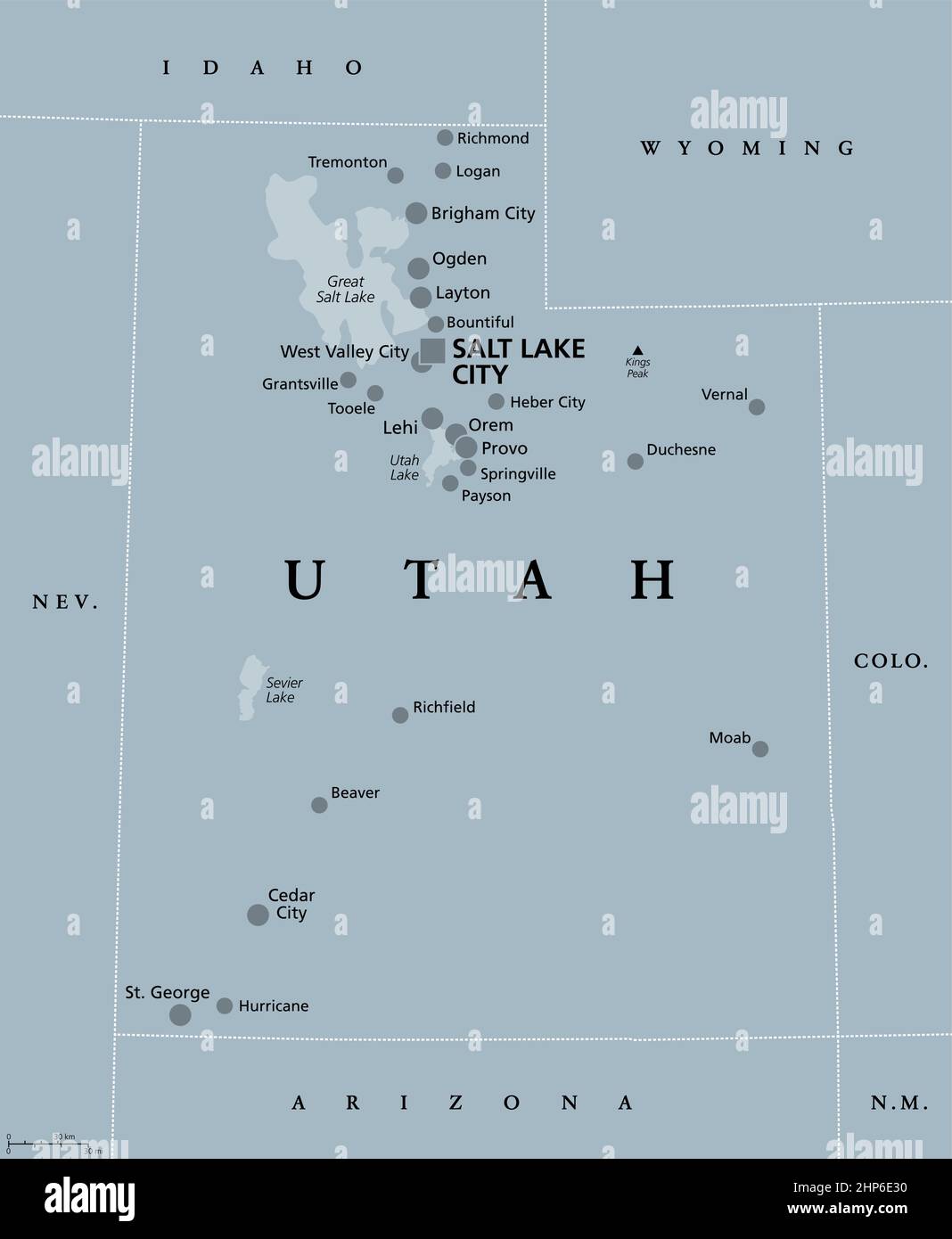 Utah, UT, gray political map, US state, nicknamed Beehive State Stock Vector