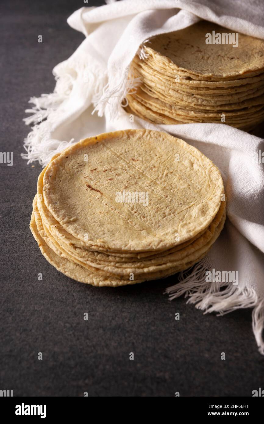 Corn Tortillas. Food made with nixtamalized corn, a staple food in