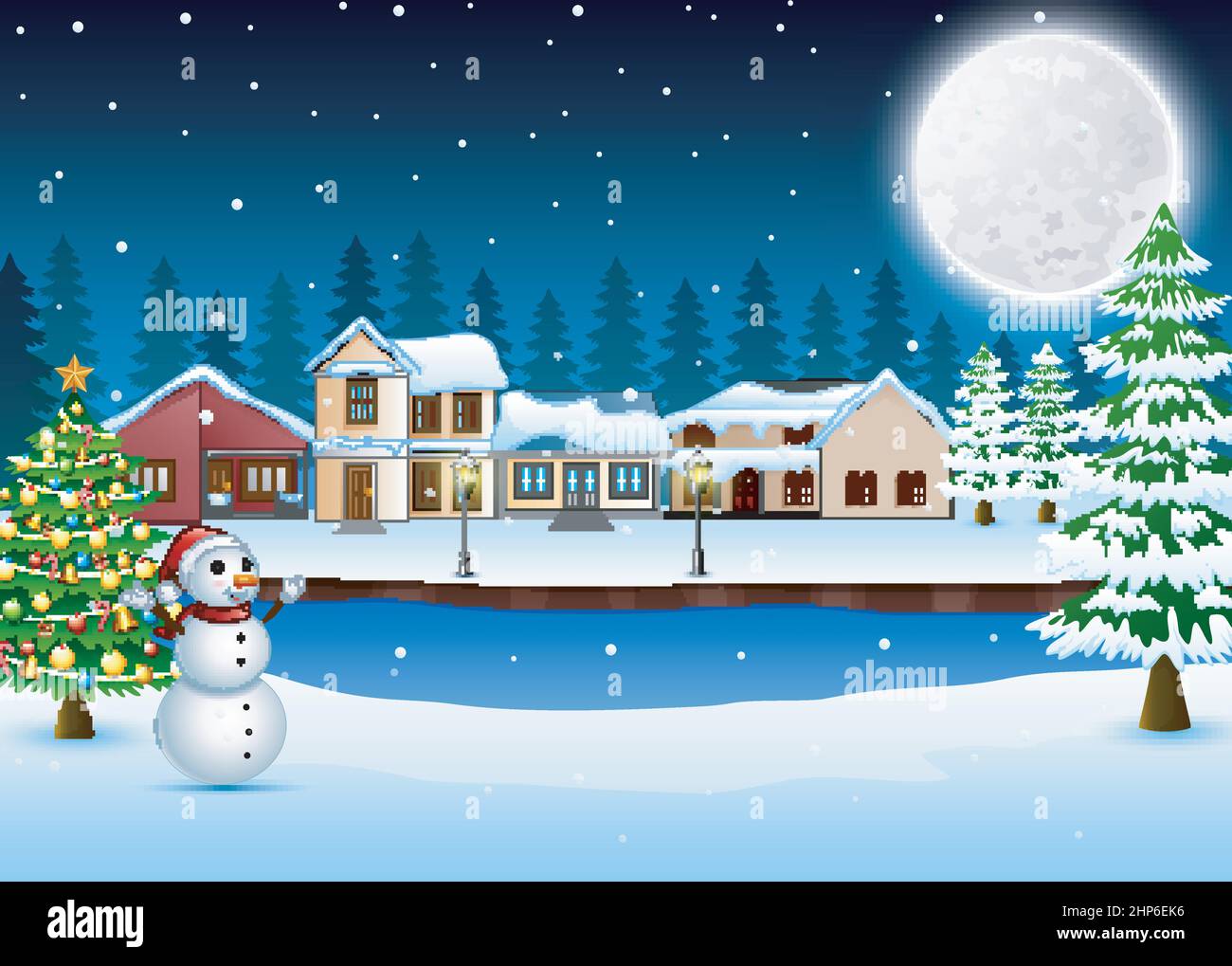 Winter village landscape with christmas tree and snowman Stock Vector