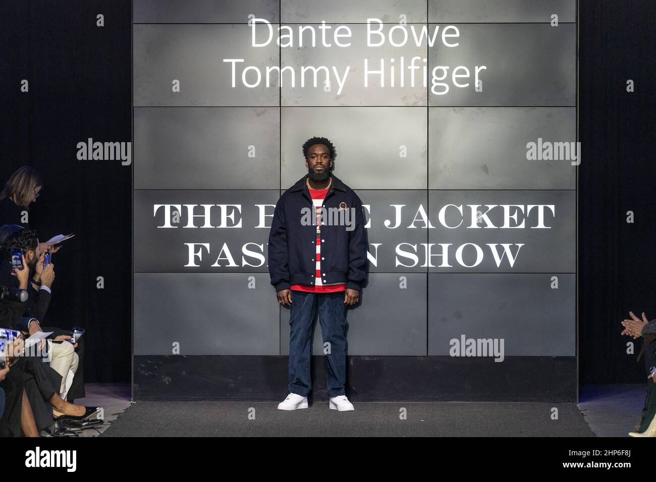 New York, New York, USA. 17th Feb, 2022. Dante Bowe wearing dress by Tommy  Hilfiger walks runway for The Blue Jacket Fashion show in support of  research for prostate cancer at Cadillac