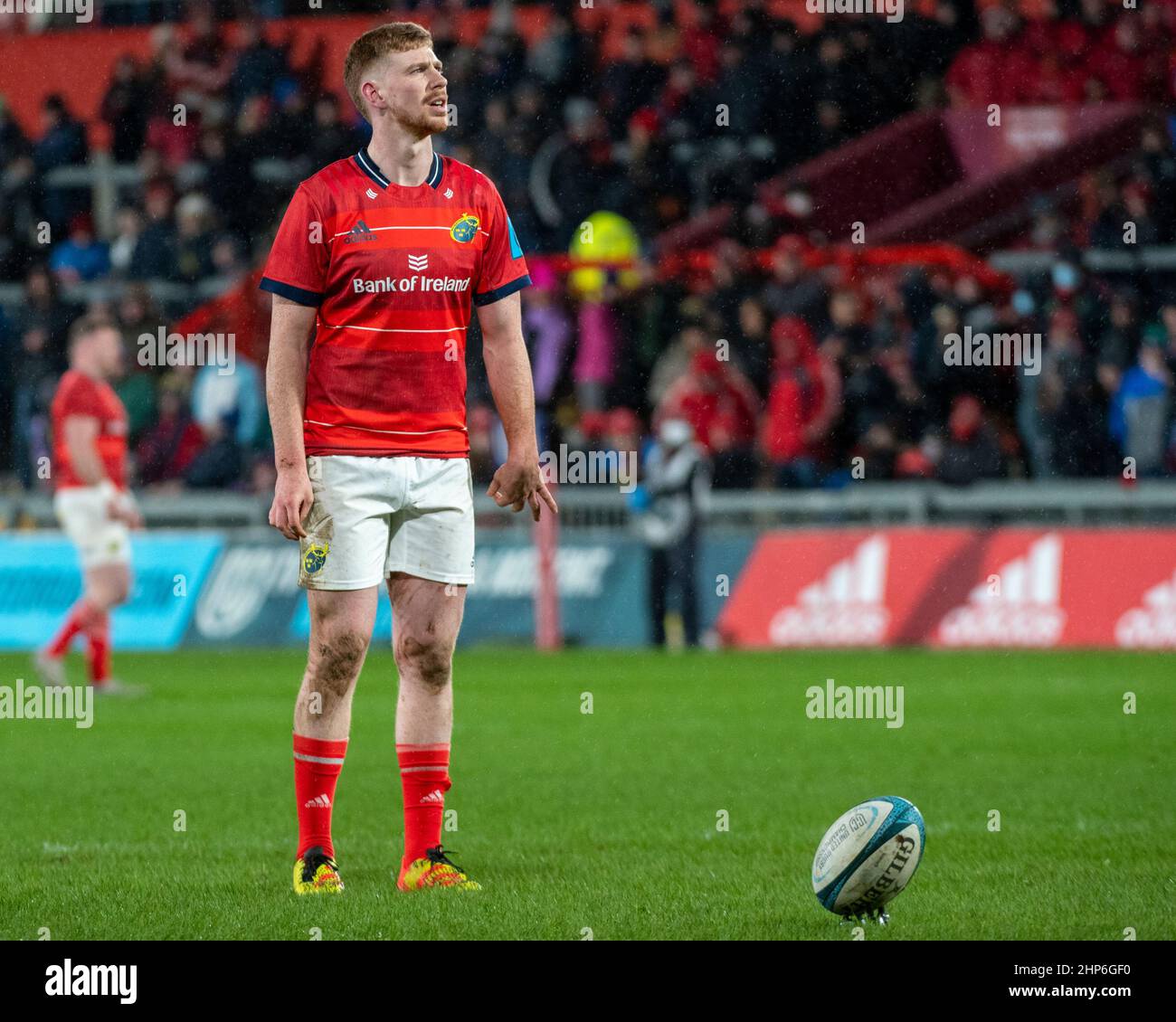 Ben Healy of Munster prepares to take a conversion during the United Rugby Championship Round 12 match between Munster Rugby and Edinburgh Rugby at Thomond Park in Limerick, Ireland on February 18,