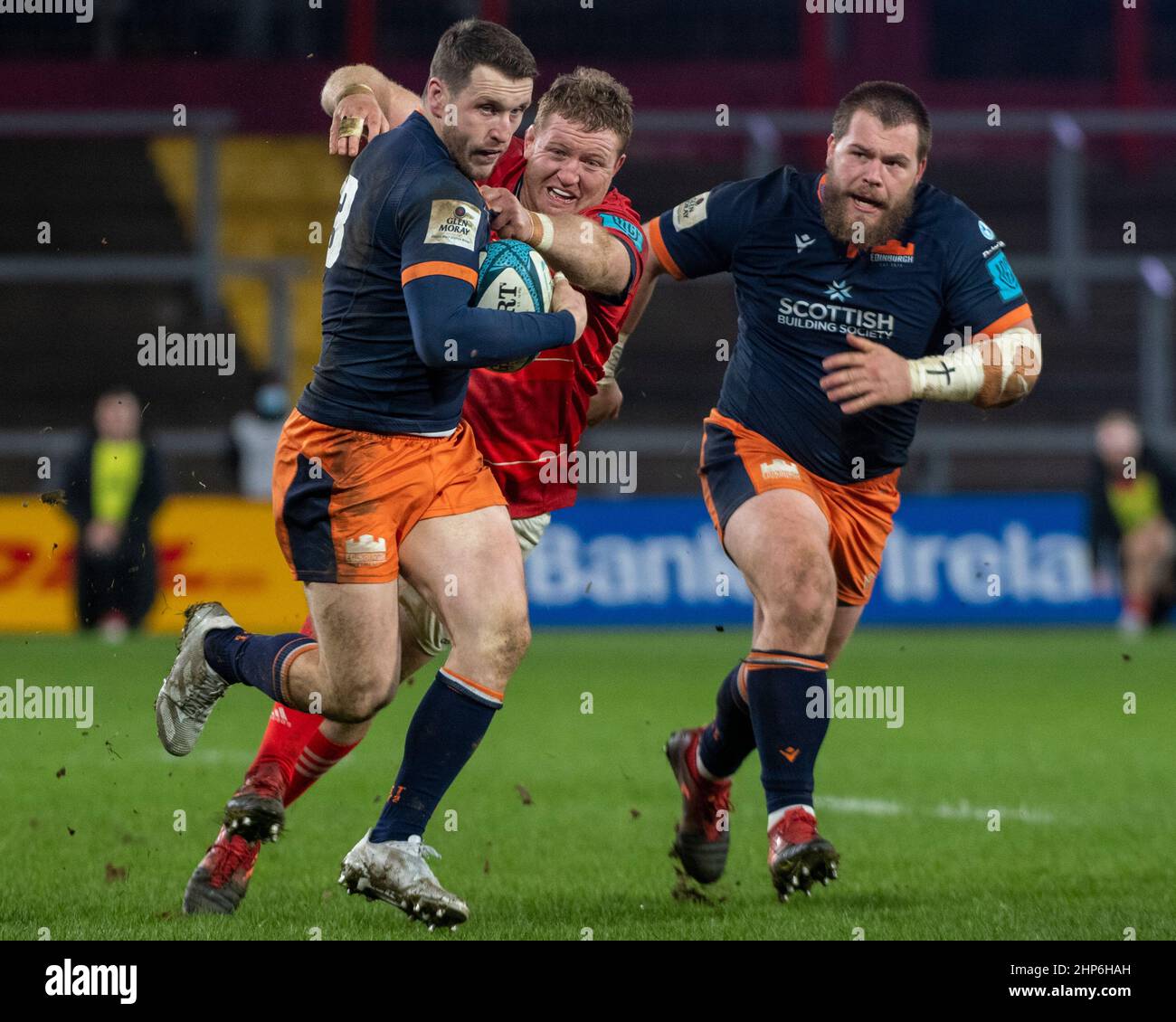 Edinburgh Rugby Mark Limerick, Ireland. 18th Feb, 2022. Mark Bennett of Edinburgh tackled by ...