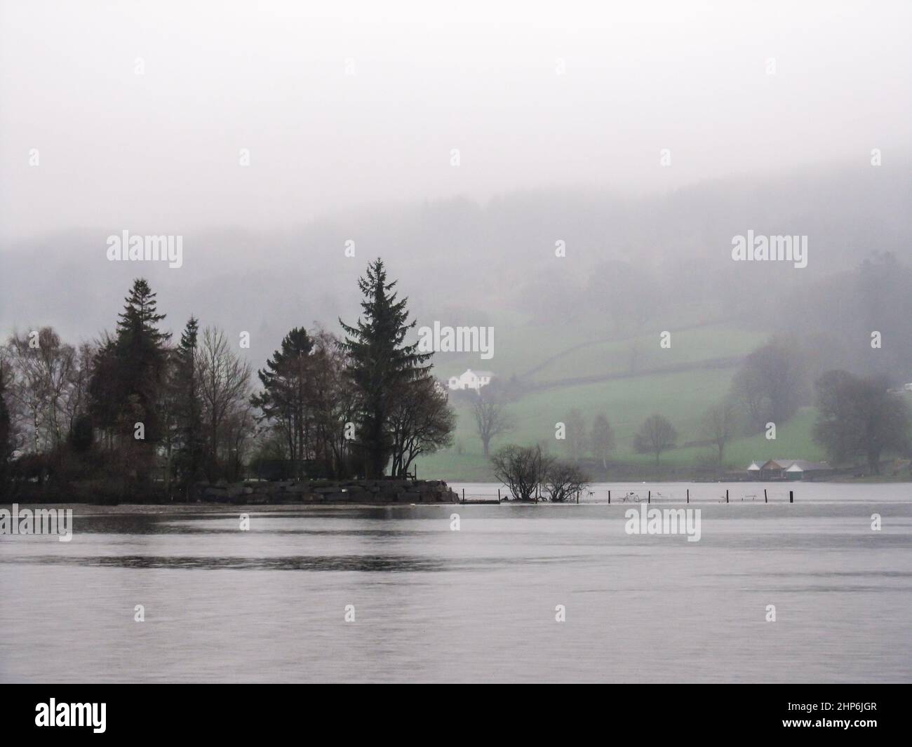 Coniston Waters on a cold misty day, with the silhouette of the wooded shoreline in the foreground Stock Photo