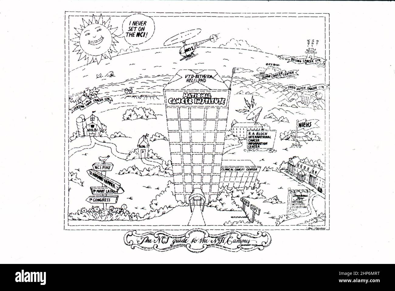The drawing is of the National Cancer Institute (NCI) guide to the National Institutes of Health (NIH) Campus; drawn in cartoon style National Cancer Institute ca.  1984 Stock Photo