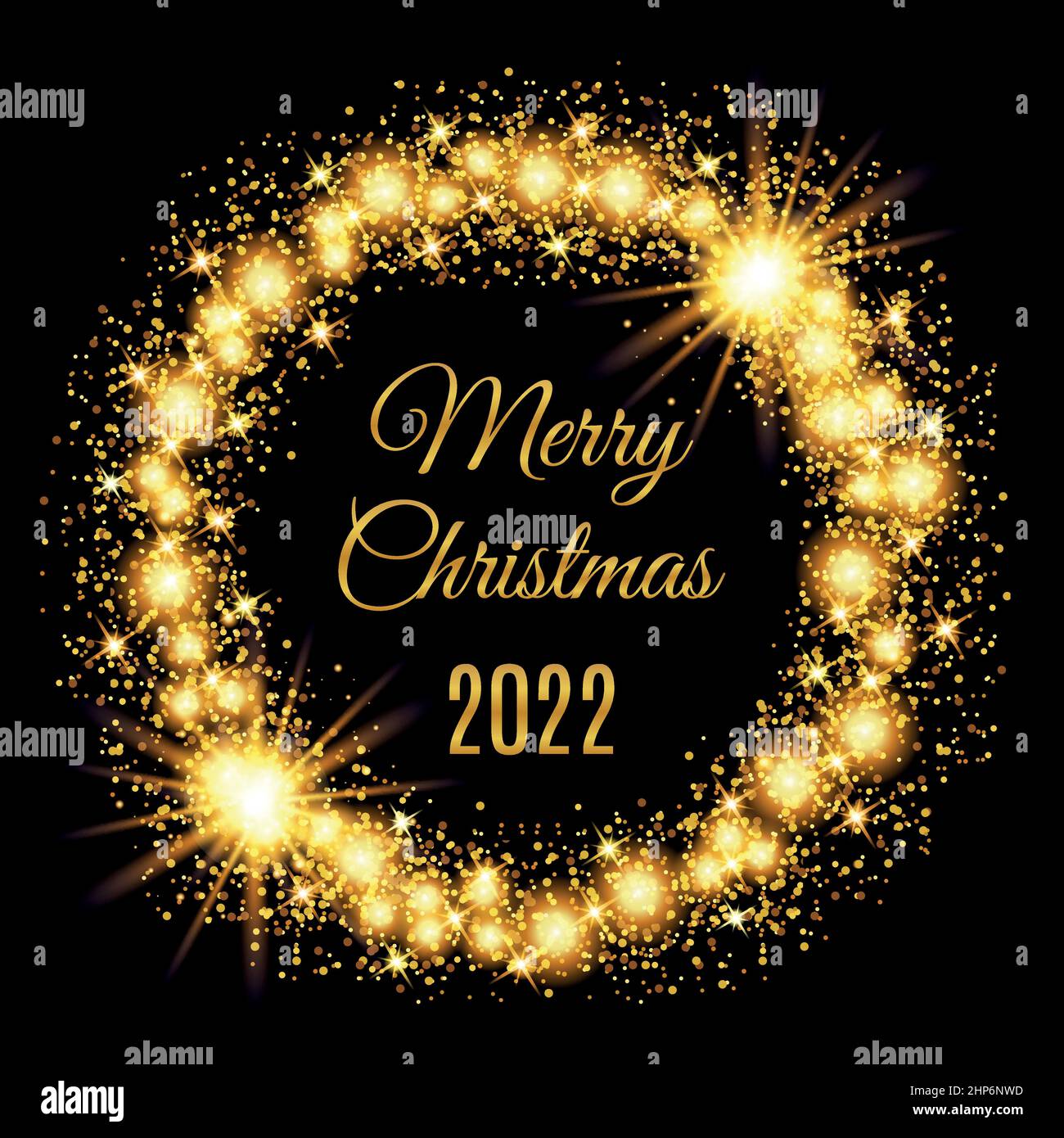 2022 Merry Christmas glowing gold background. Vector illustration Stock Vector