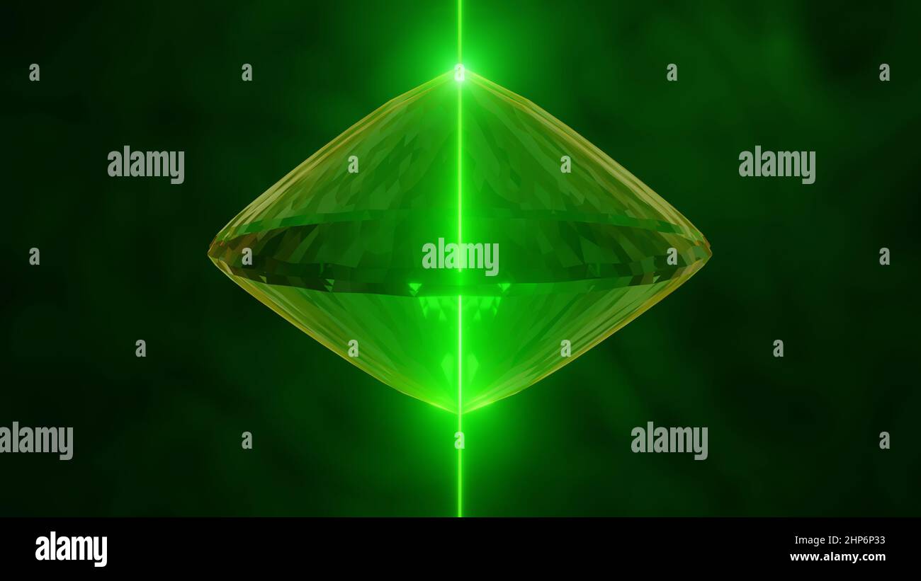 Bright Laser bean passing through diamond . Plasma , gas , smoke background. 3d render