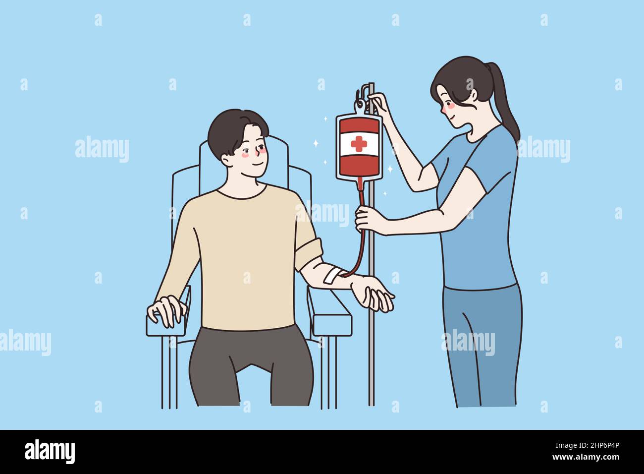 Female doctor help donor with blood donation in clinic Stock Vector